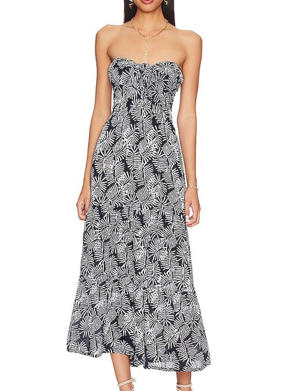 Tiare Hawaii Strapless Black & White Tropical Print Maxi Dress